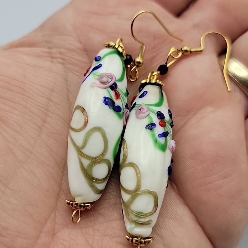 White Rainbow Inlaid Lampwork Glass Flower Drum Pendant Hoop Earrings Gold Tone